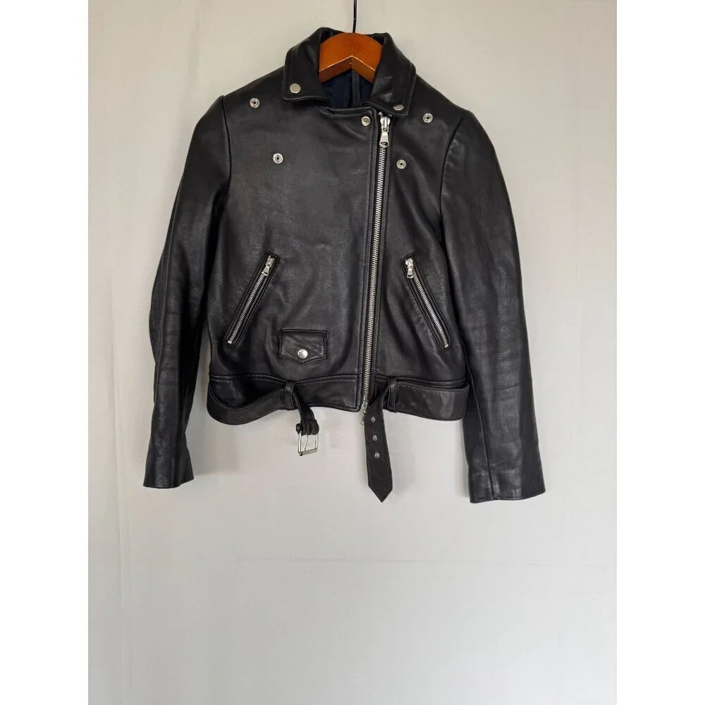 Topshop Black Genuine Leather Silver Hardware Relaxed Oversize Moto Jacket Sz 4